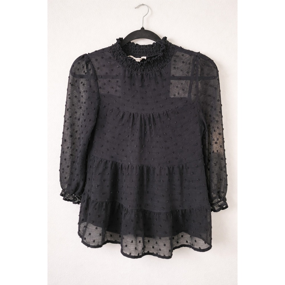 Black Swiss Dot Babydoll Top Small Sheer Romantic Coquette Cottagecore Y2K